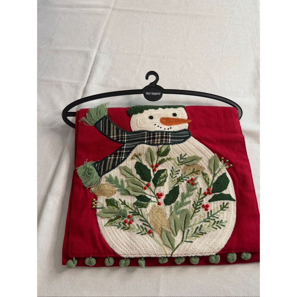 Pier 1 Imports Christmas Snowman Applique Table Runner 13x72 Embroidered Pom Pom